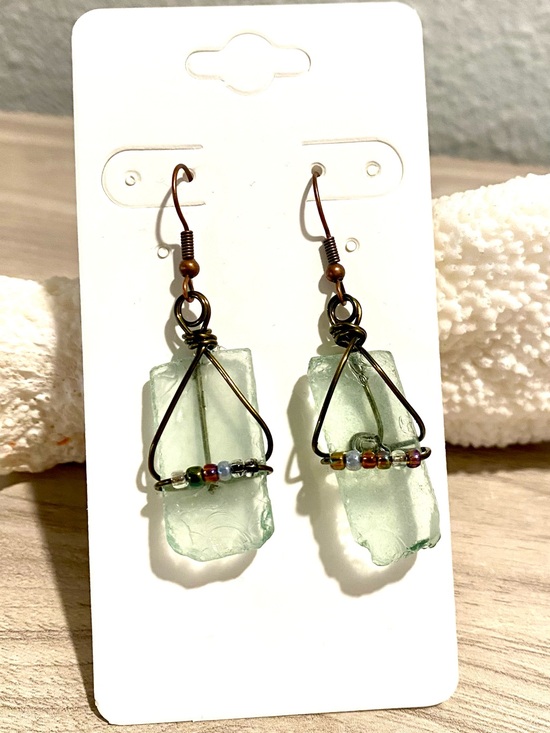 Jewelry - 40. Handcrafted Sea Glass Drop Earrings - Pale Green - Unbranded